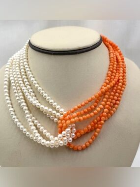 Ross-Simons Pearl & Coral Necklace 925 Sterling Silver Clasp Six Strands